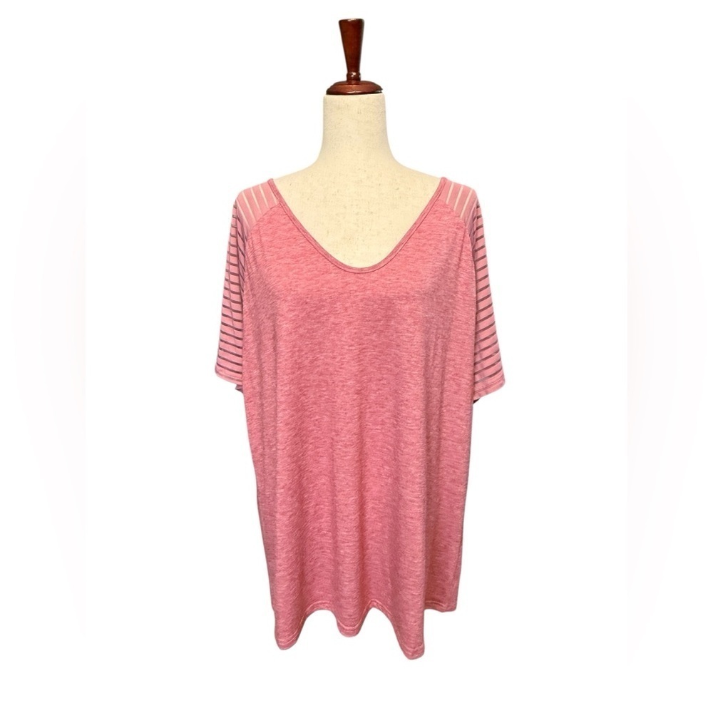 Women’s V-Neck Semi Sheer Striped Short Sleeve Knit Top. Pink 3X #1502